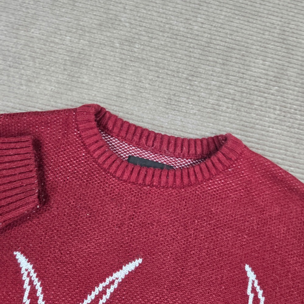 PacSun Mens Small Burgundy Distressed Flame Intarsia Knit Crew Neck Sweater